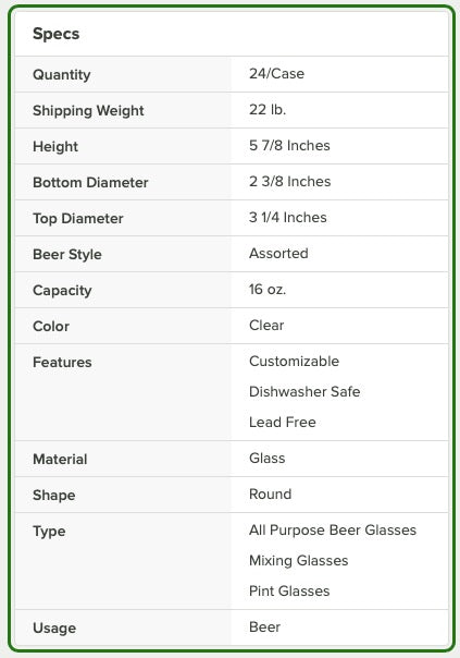 Beer Glass Specs